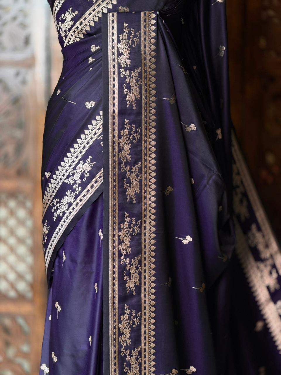 Navy Blue zatin Banarasi silk saree - RAZ1IB