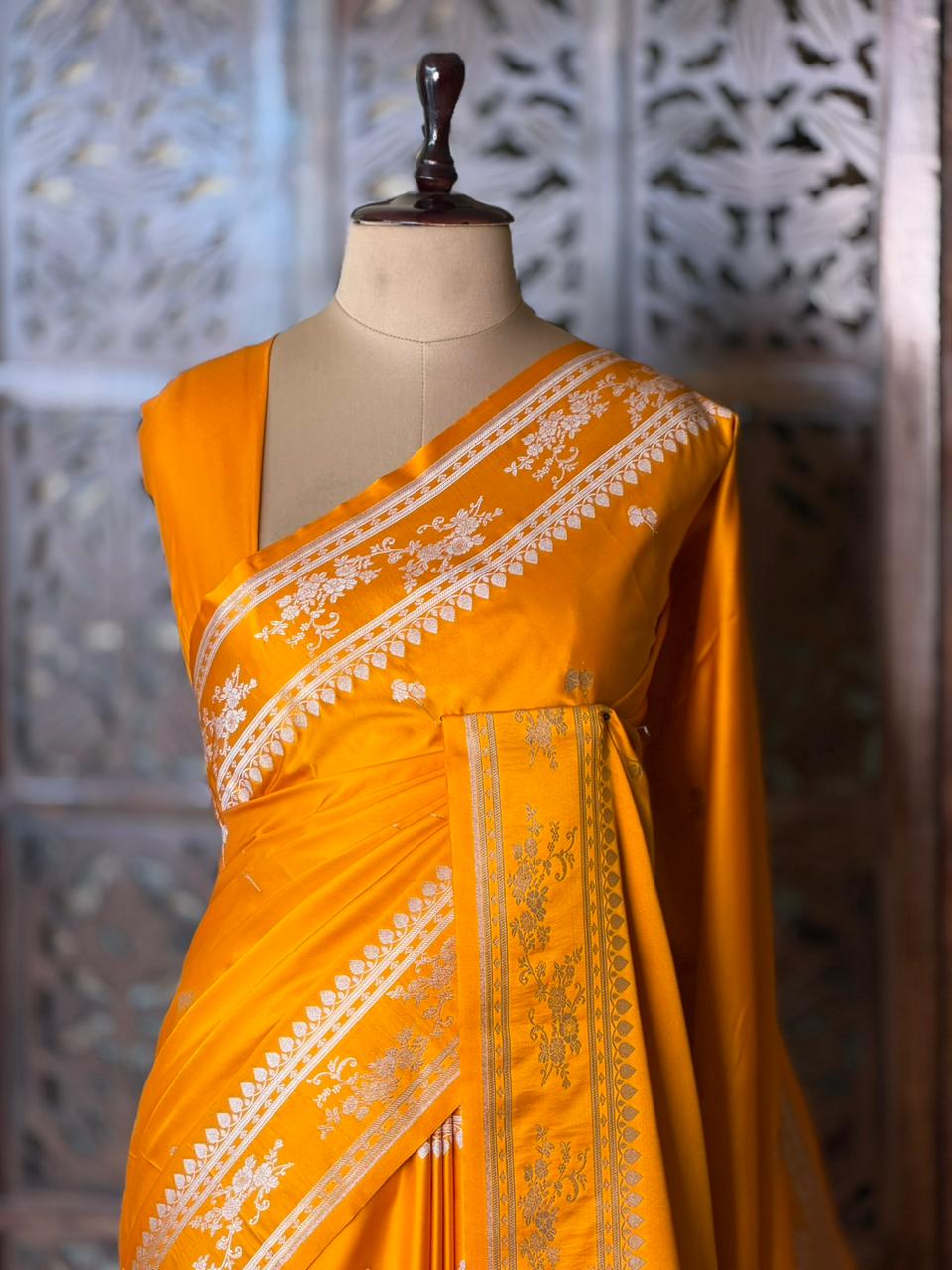Yellow zatin Banarasi silk saree - RAZ1IF
