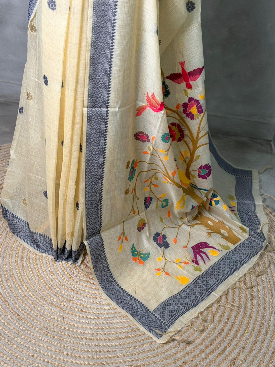 Sandal jamdani cotton silk saree- PBR47H