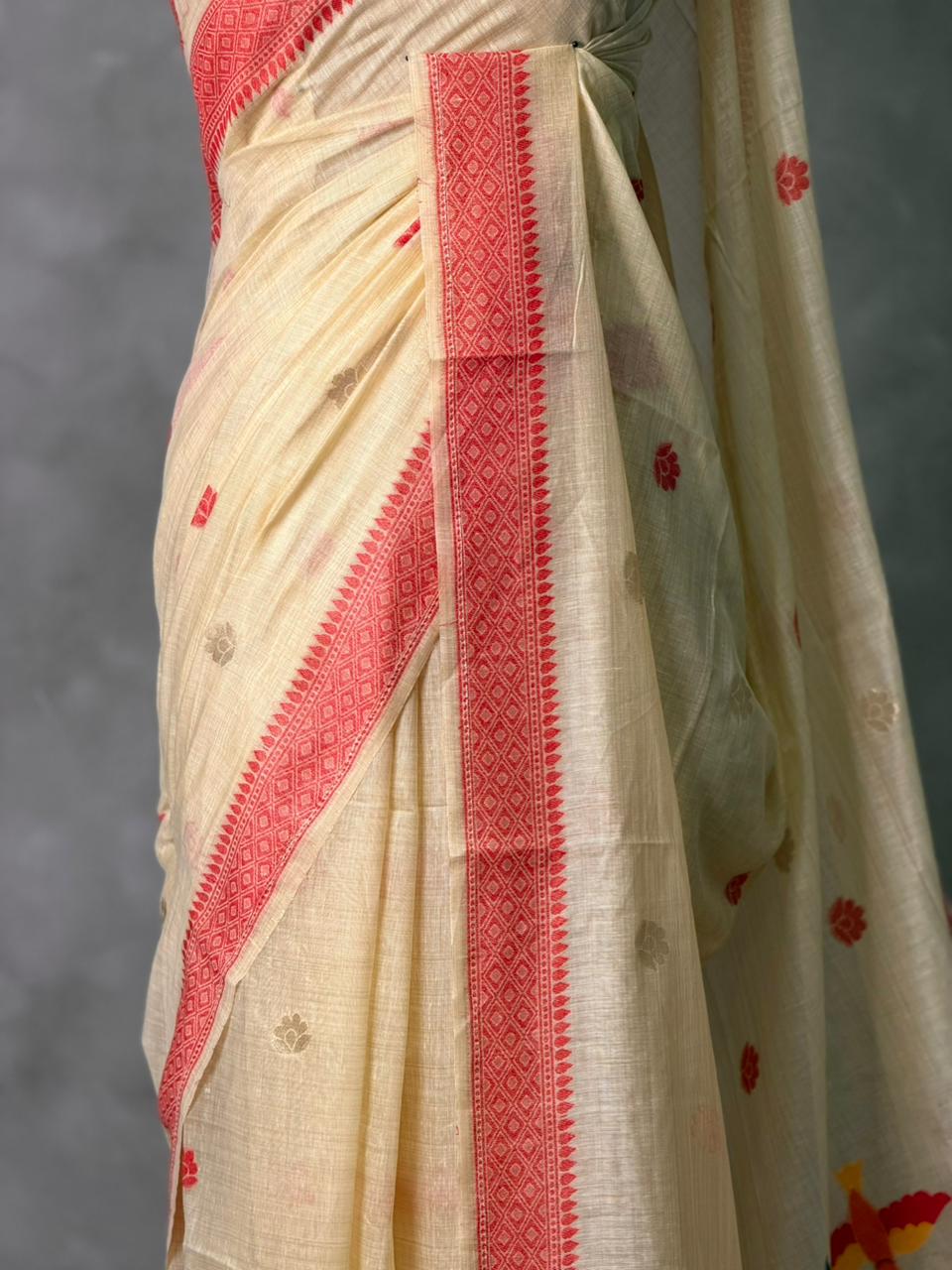Sandal jamdani cotton silk saree- PBR47I