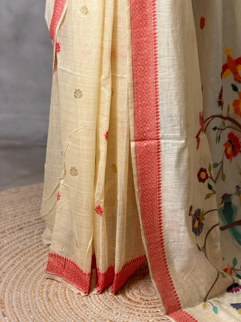 Sandal jamdani cotton silk saree- PBR47I