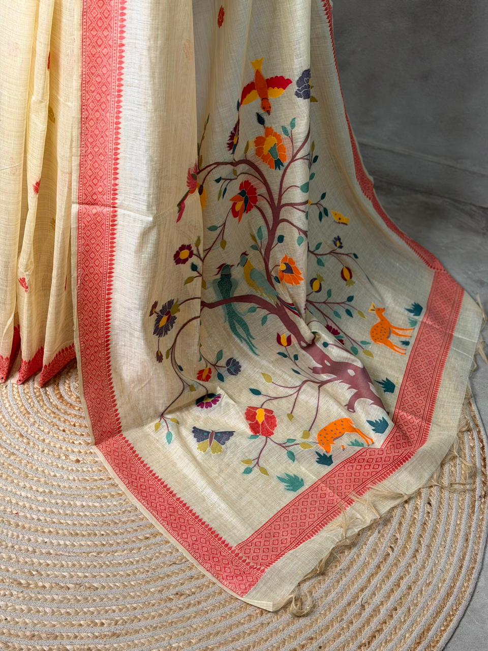 Sandal jamdani cotton silk saree- PBR47I