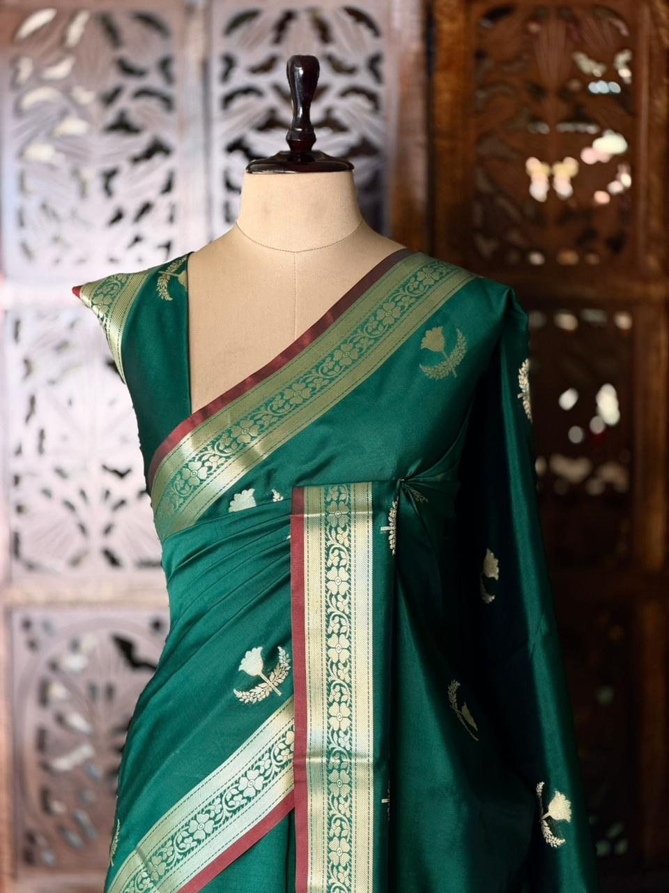 Dark Green Semi Raw mango silk saree- PBR50