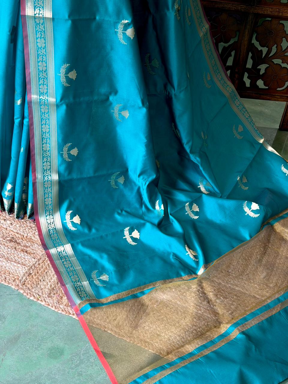 Peacock Blue Semi Raw mango silk saree- PBR50B