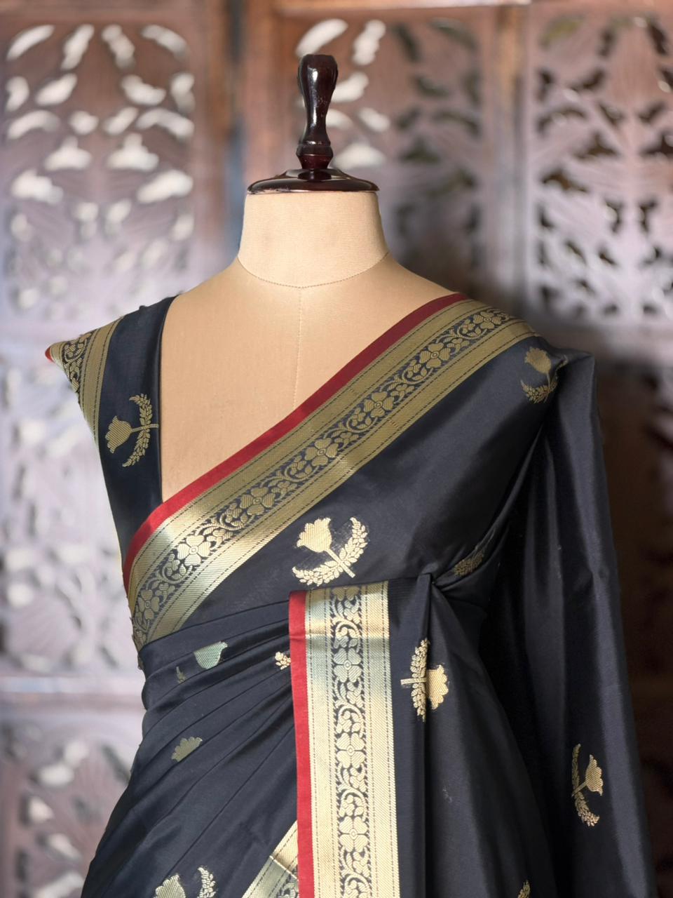 Black Semi Raw mango silk saree- PBR50H