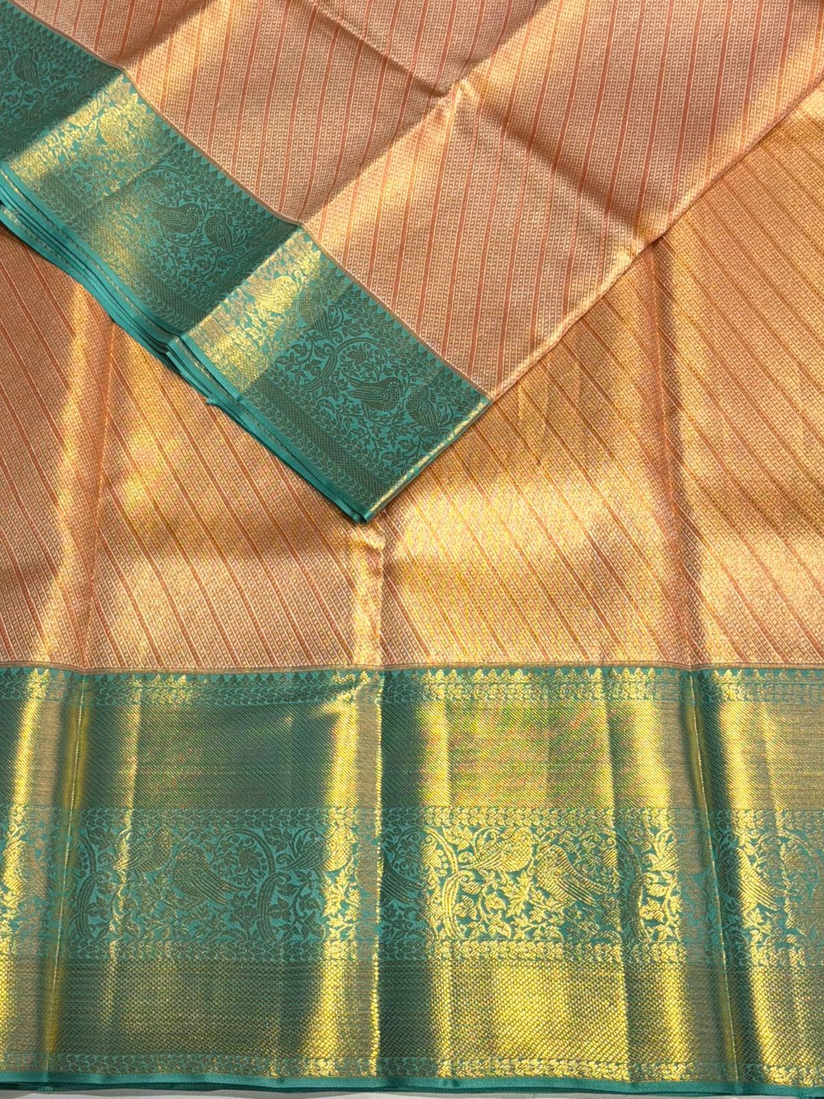 Peach and blue tissue pure Kanchipuram Silk saree - PPURE104