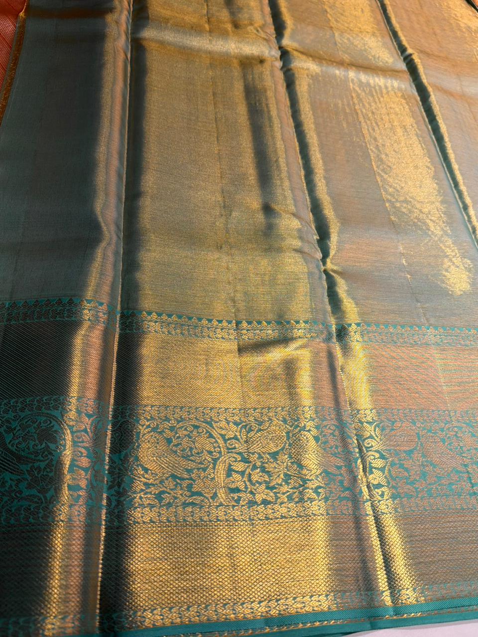 Peach and blue tissue pure Kanchipuram Silk saree - PPURE104