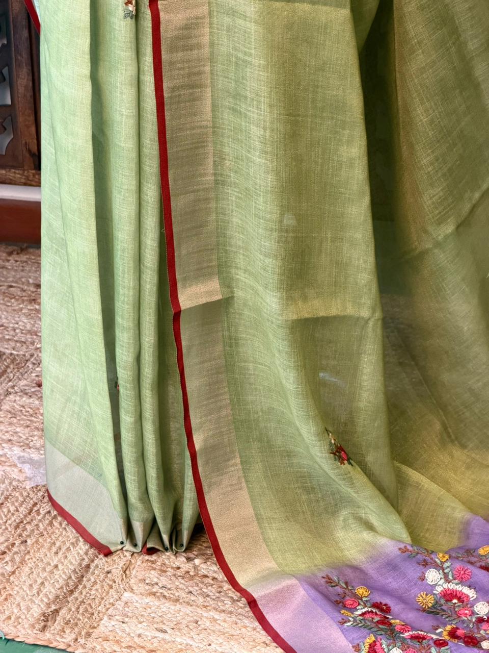 Green and lavender Linen tissue saree: PBR53