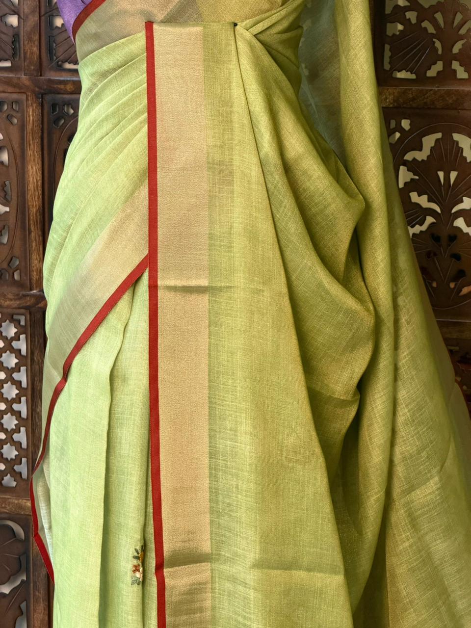 Green and lavender Linen tissue saree: PBR53