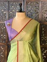 Green and lavender Linen tissue saree: PBR53