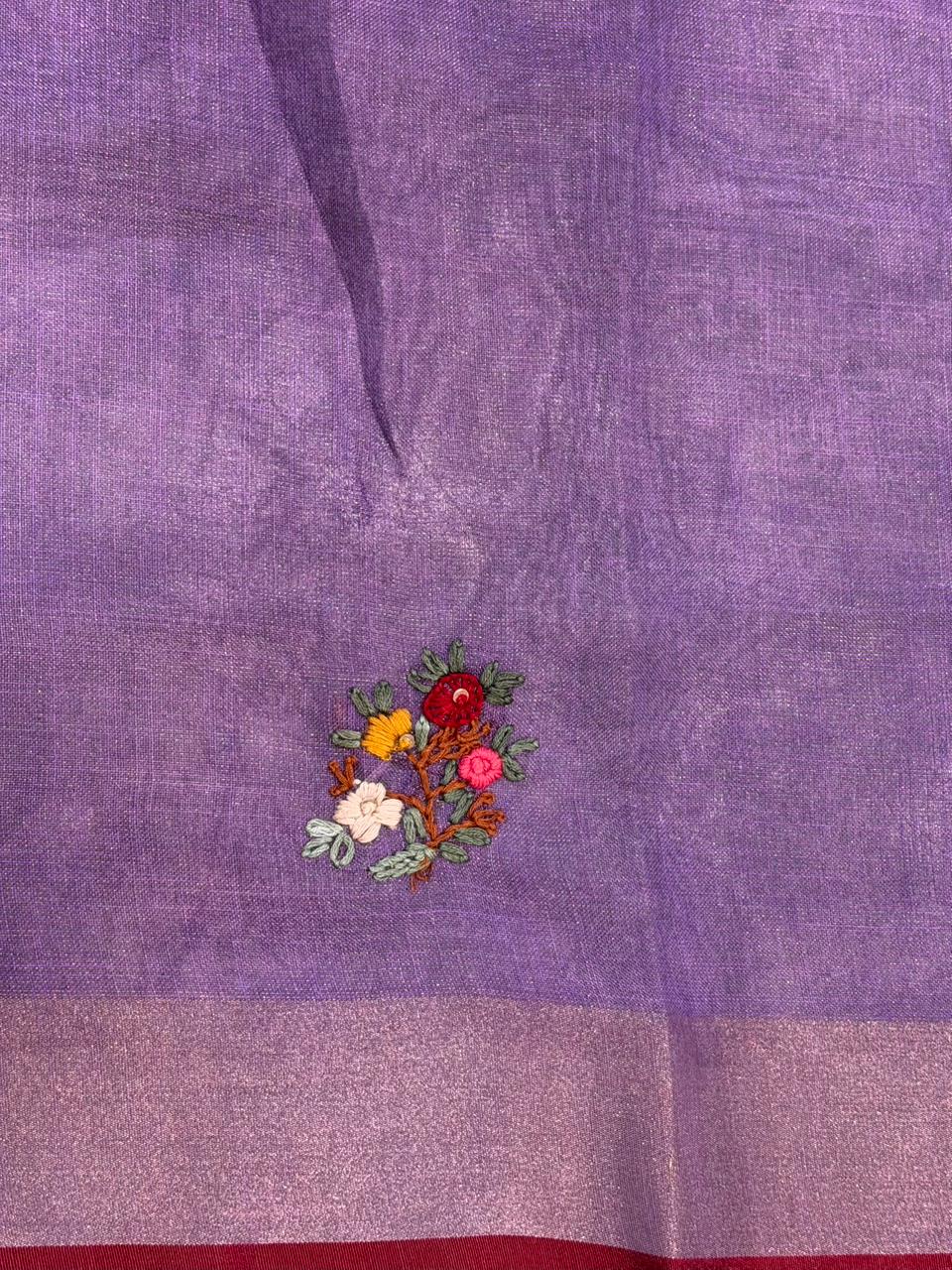 Green and lavender Linen tissue saree: PBR53
