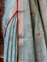 Greyish Blue and Peach Linen tissue saree: PBR53A