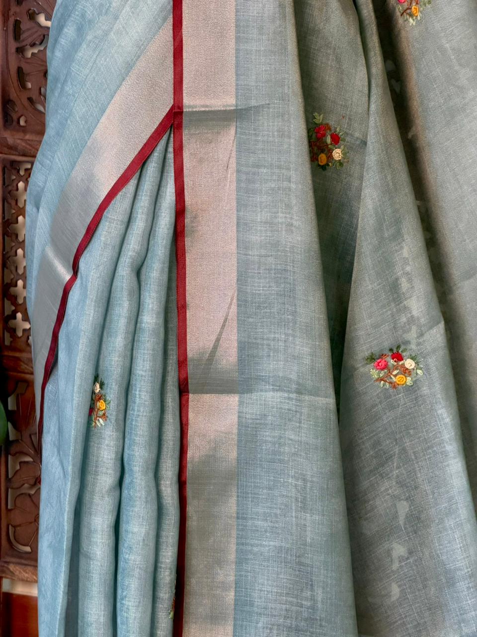 Greyish Blue and Peach Linen tissue saree: PBR53A