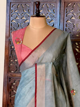 Greyish Blue and Peach Linen tissue saree: PBR53A