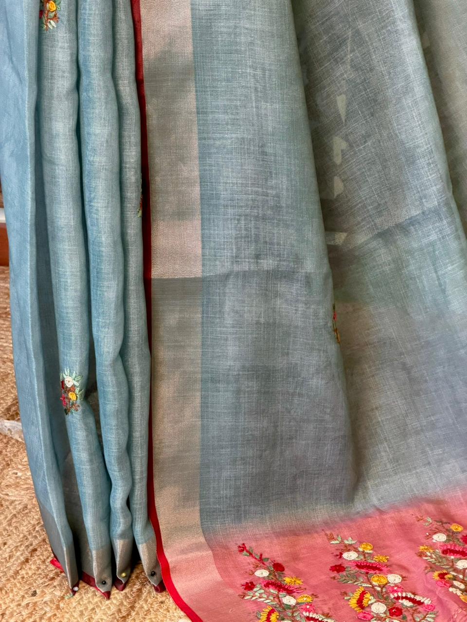 Greyish Blue and Peach Linen tissue saree: PBR53A