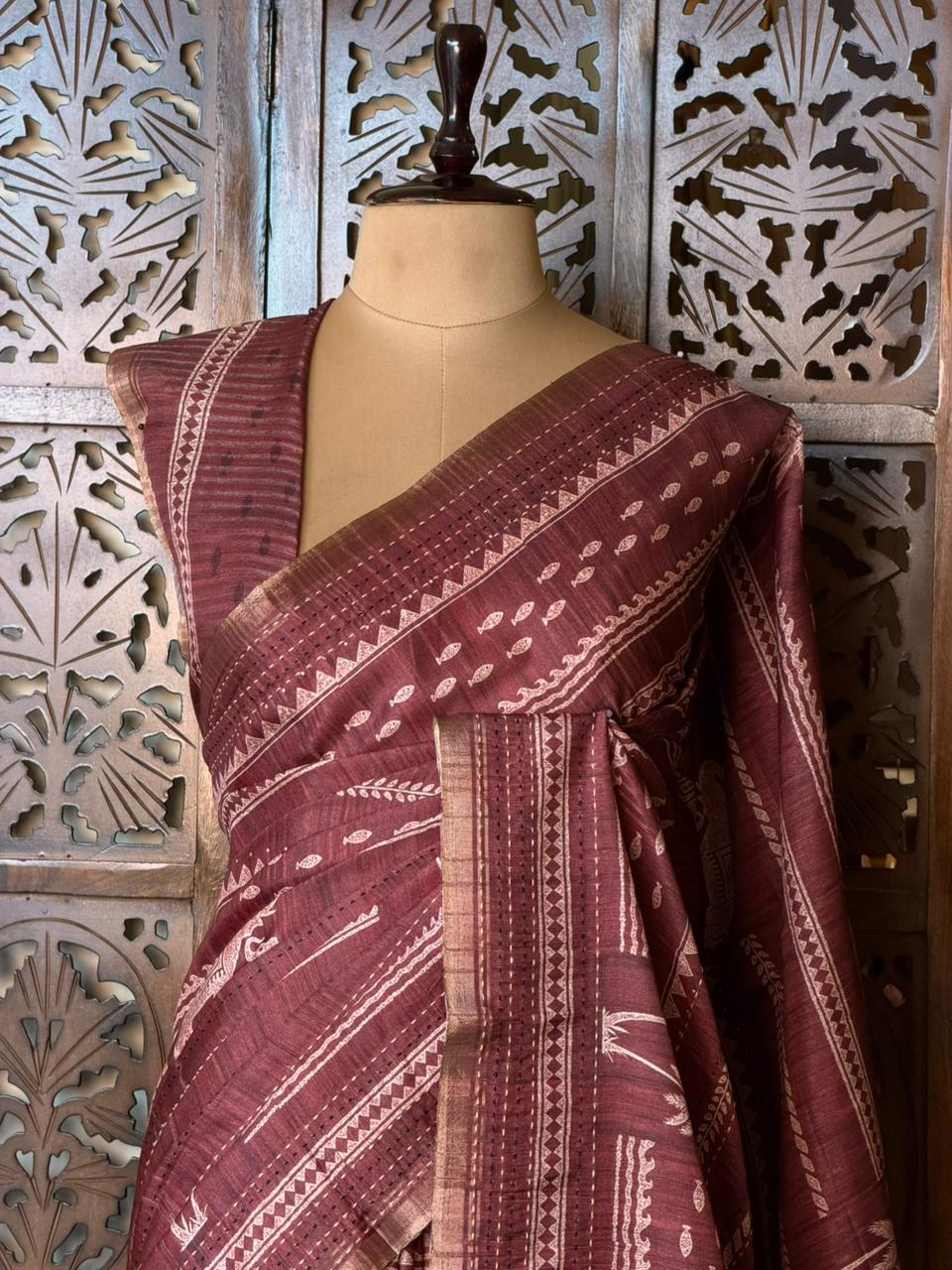 Deep Burgundy Tusser silk saree: PBR55AA