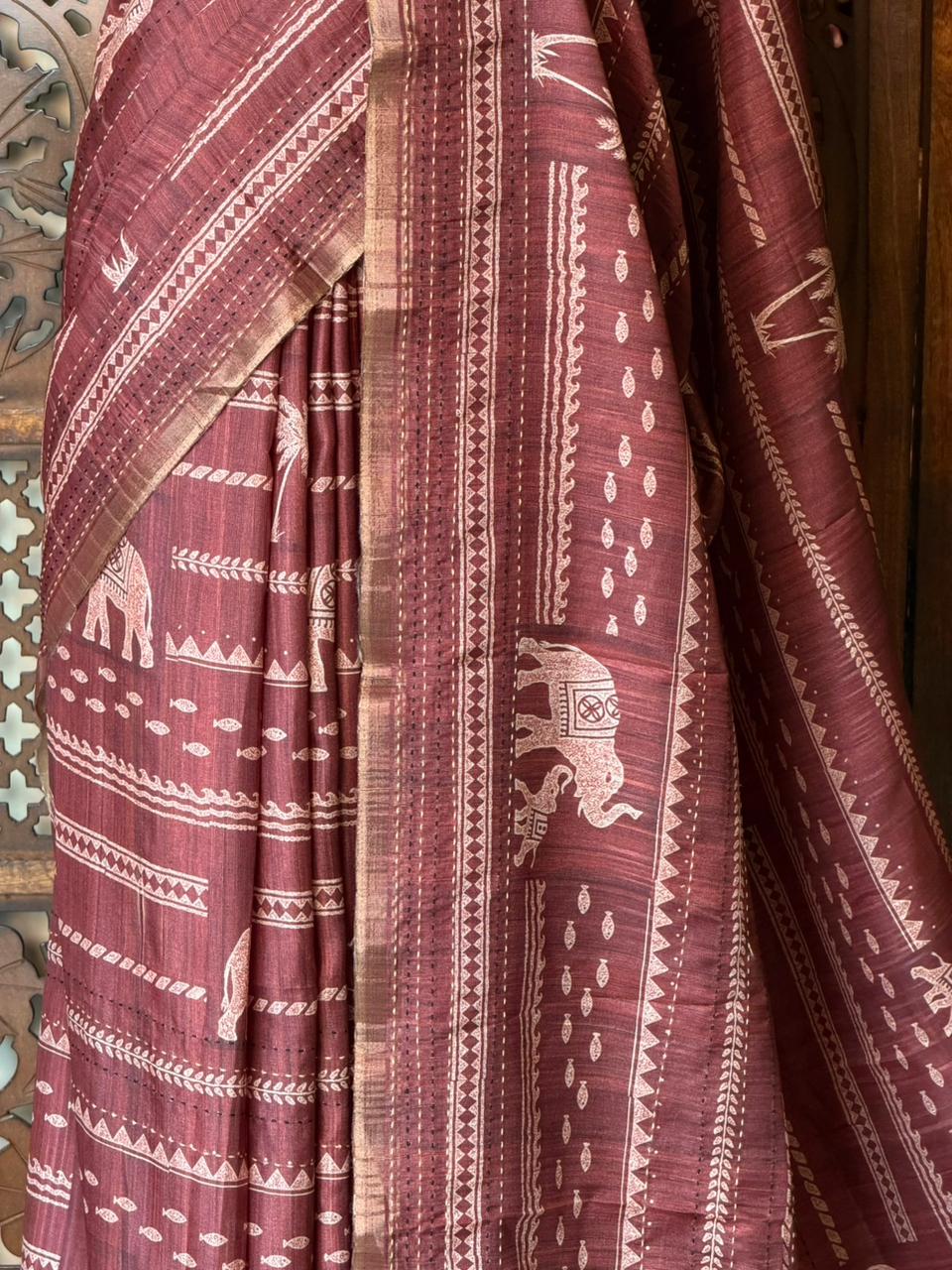 Deep Burgundy Tusser silk saree: PBR55AA