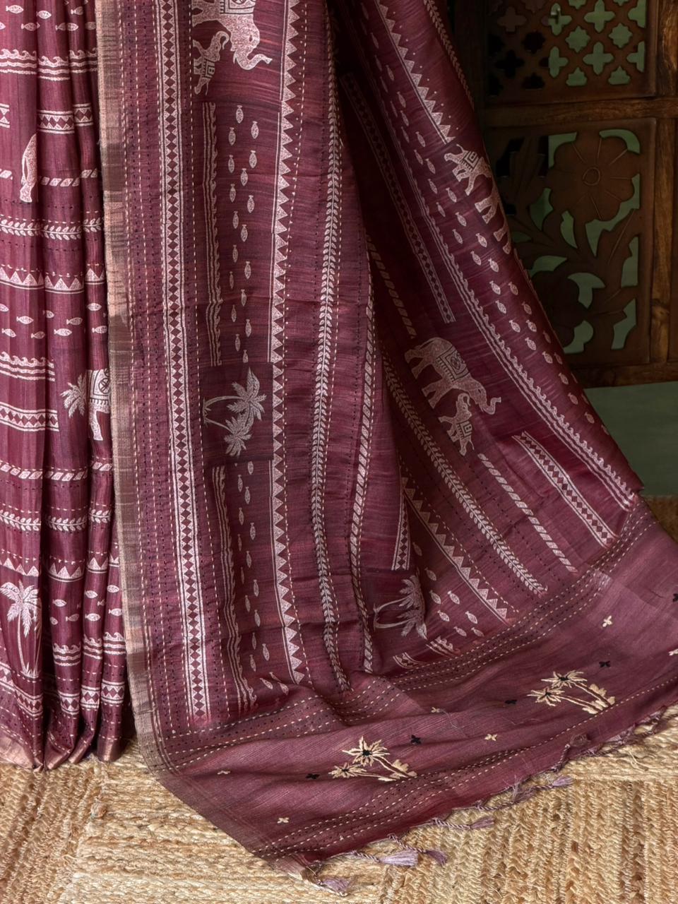 Deep Burgundy Tusser silk saree: PBR55AA