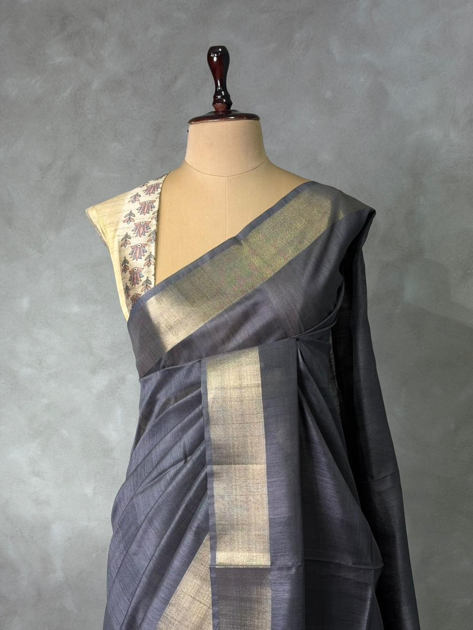 Grey Blue silk cotton saree- PBR49O