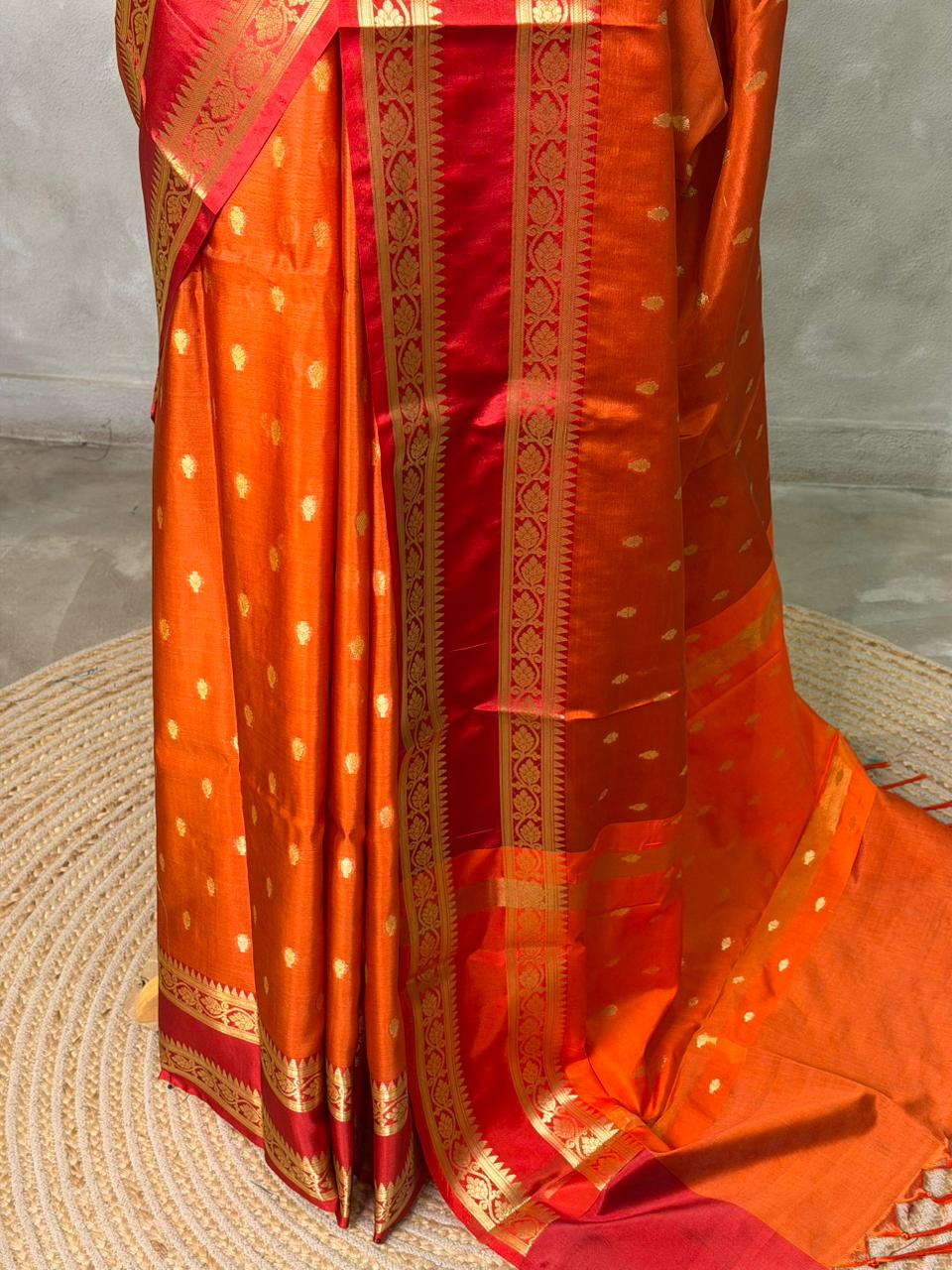 Rust orange and Red Semi banarasi silk saree - PIH93