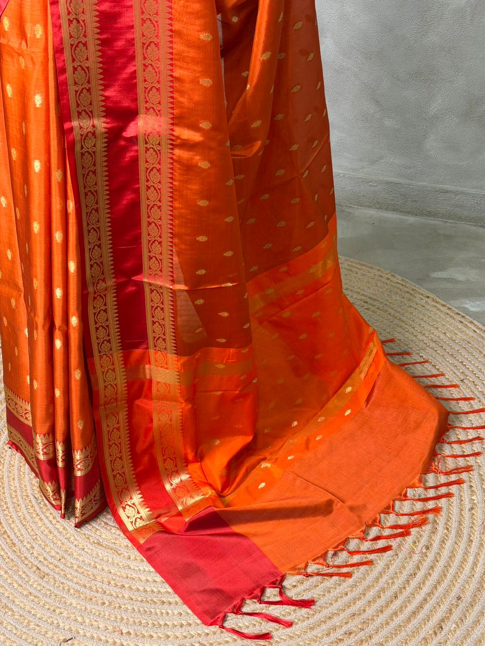 Rust orange and Red Semi banarasi silk saree - PIH93
