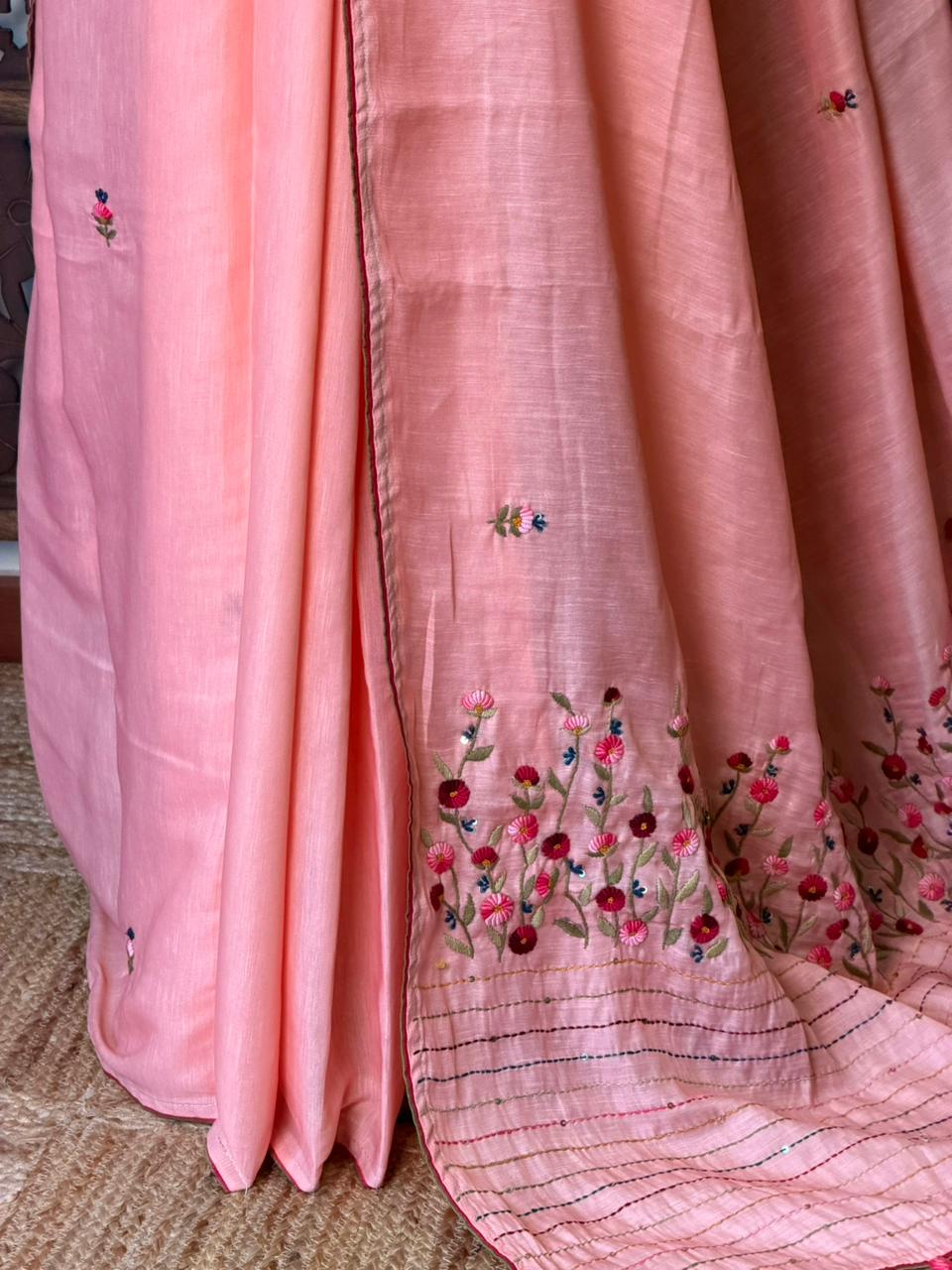 Peach soft tusser silk saree : PBR52C