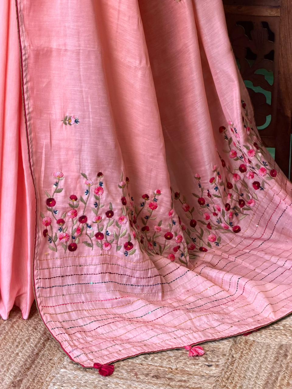 Peach soft tusser silk saree : PBR52C