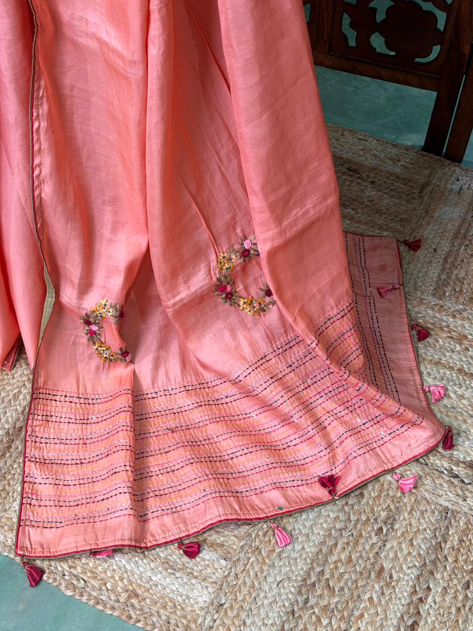 Peach soft tusser silk saree : PBR52D
