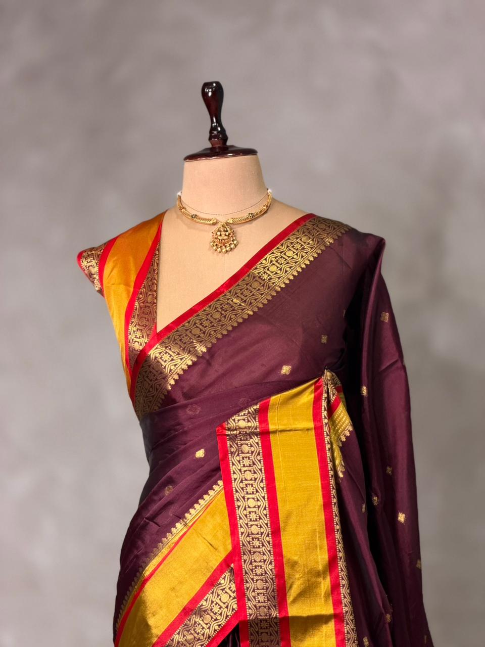 Maroon and Yellow Semi banarasi silk saree - PIH94