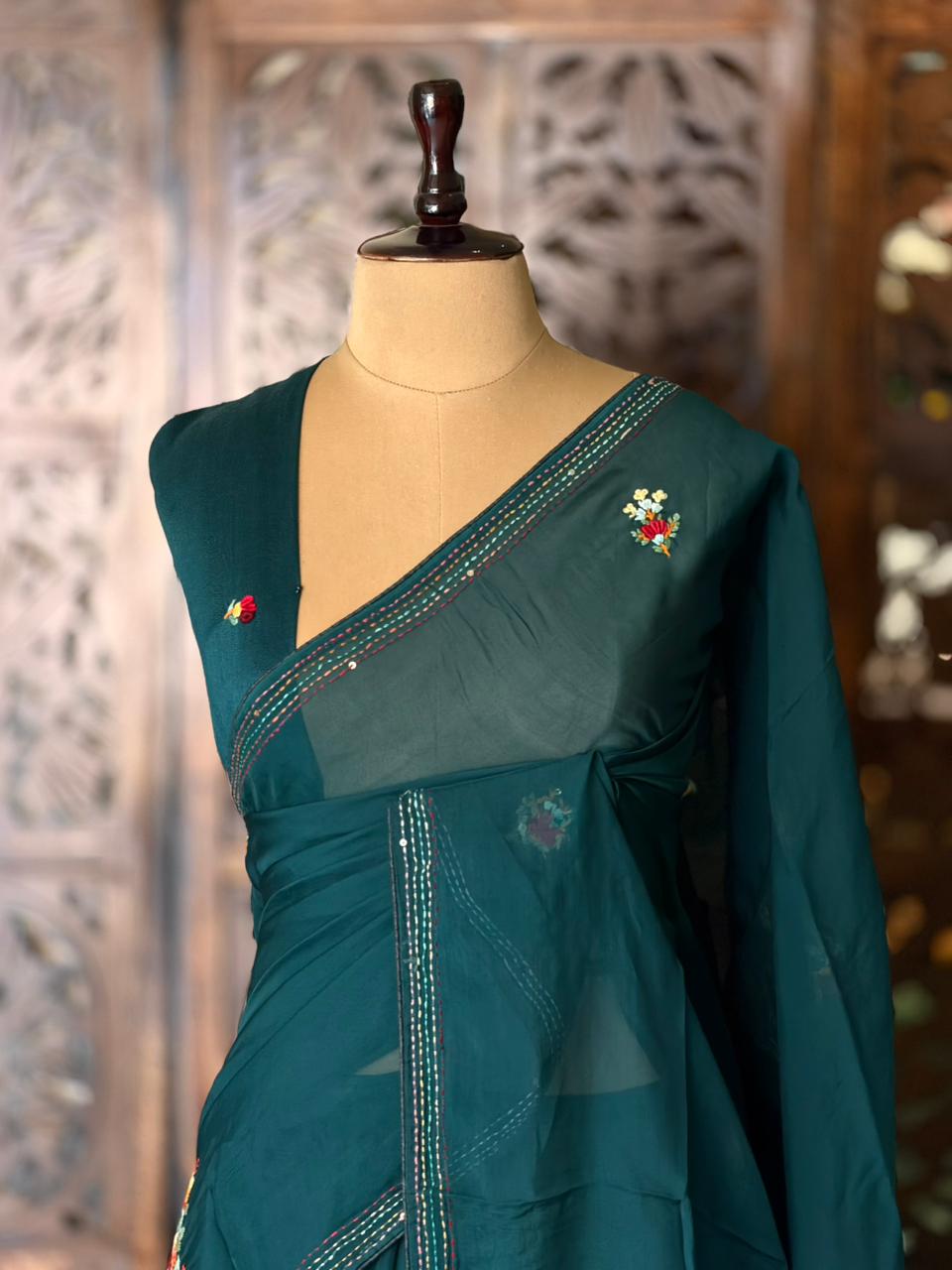 Dark green soft Chiffon saree : PBR52F1