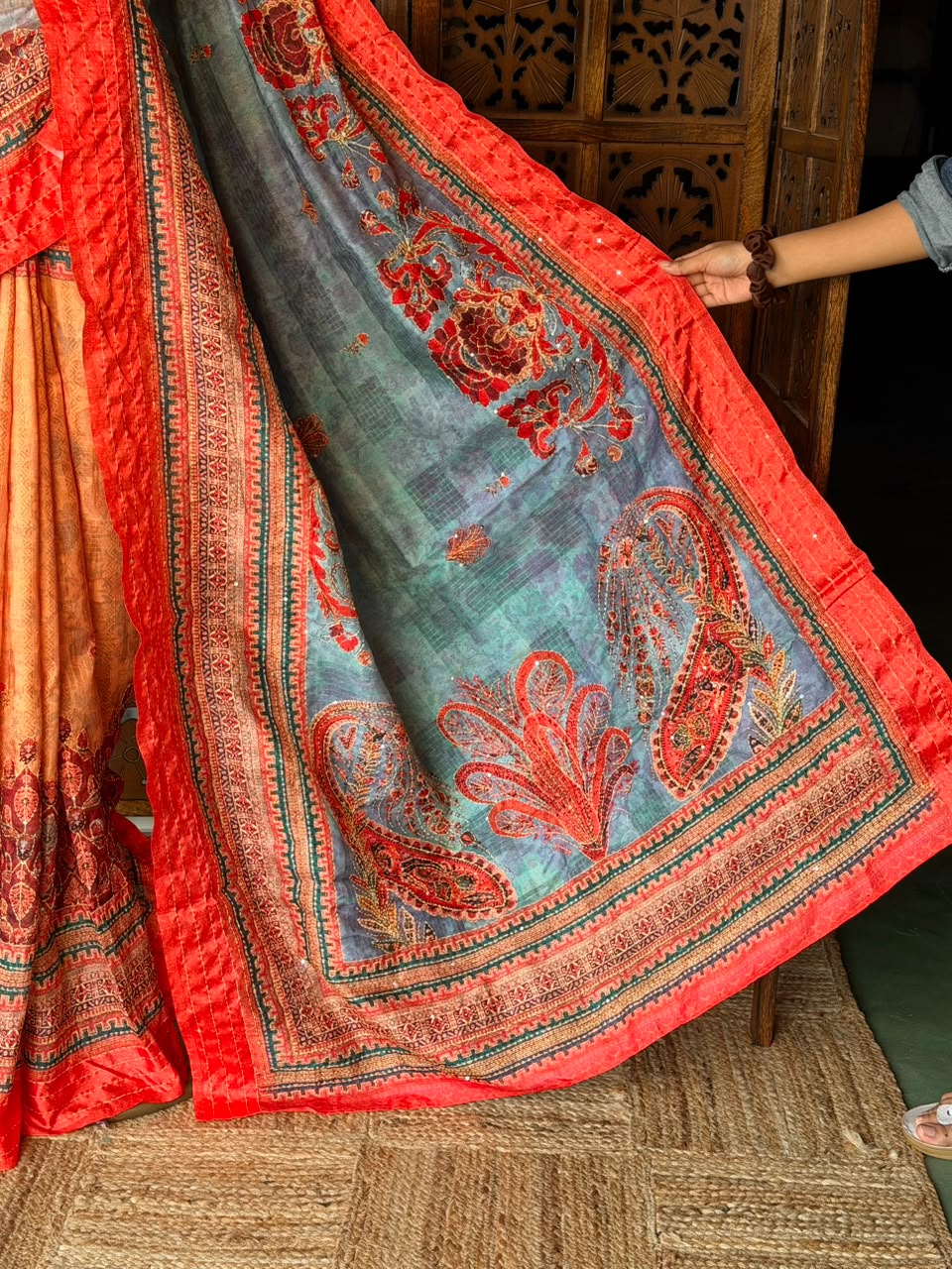 Orange Semi Tusser silk saree: PBR55AD