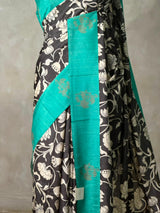 Black and aqua blue jute saree- PBR58