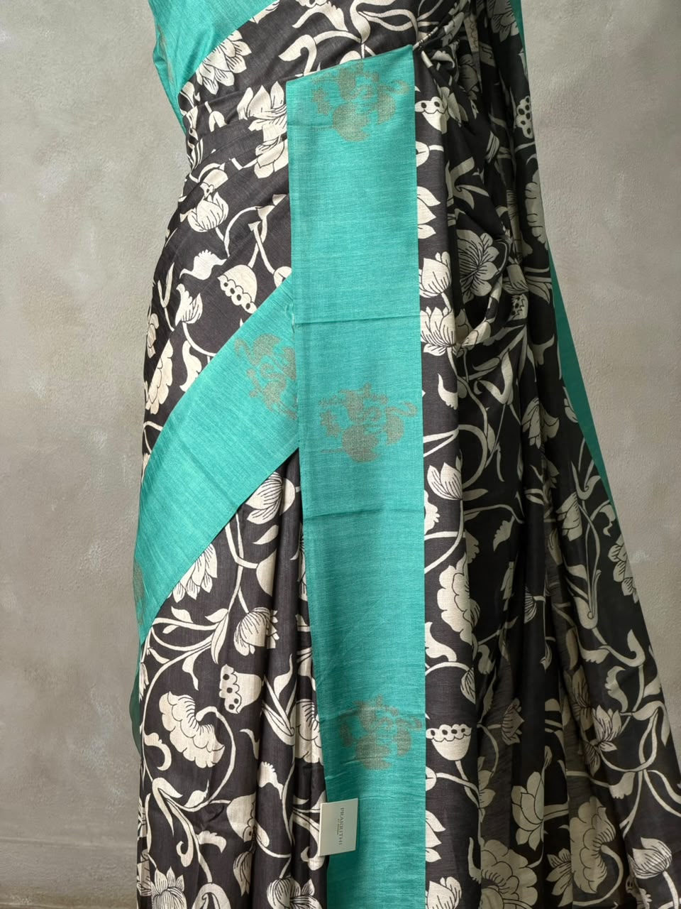 Black and aqua blue jute saree- PBR58
