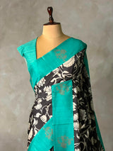 Black and aqua blue jute saree- PBR58