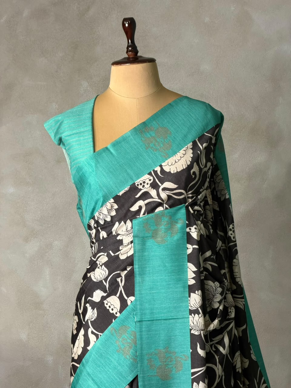 Black and aqua blue jute saree- PBR58