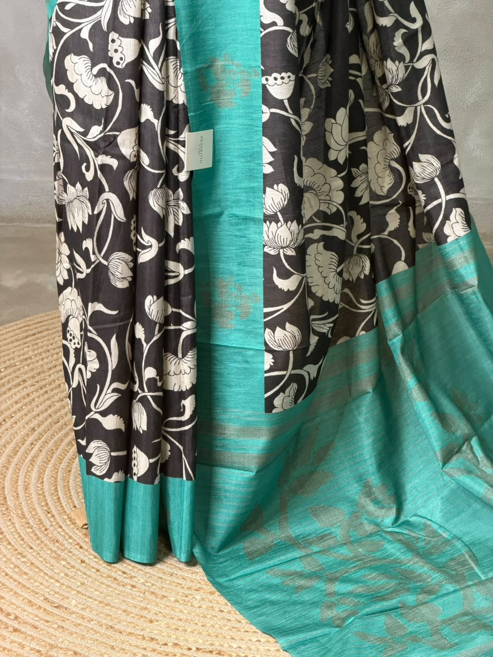 Black and aqua blue jute saree- PBR58