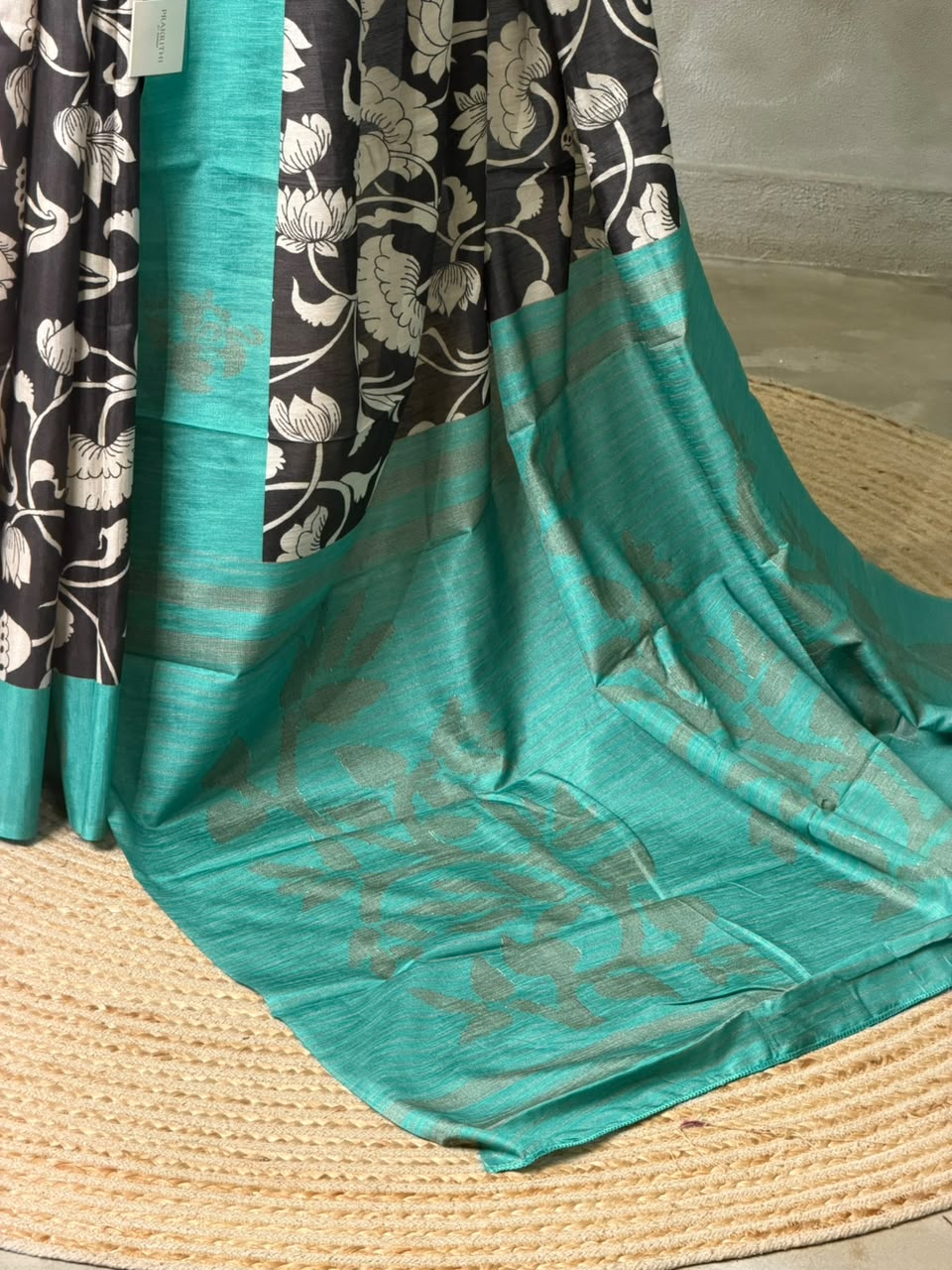 Black and aqua blue jute saree- PBR58