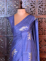 Blue Tiger woven Tusser Silk saree- PBR62A