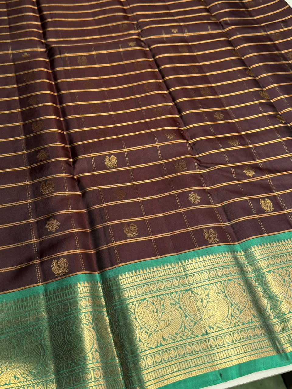 Brown and Aqua green Pure Vintage Kanchipuram Silk saree - PPURE108