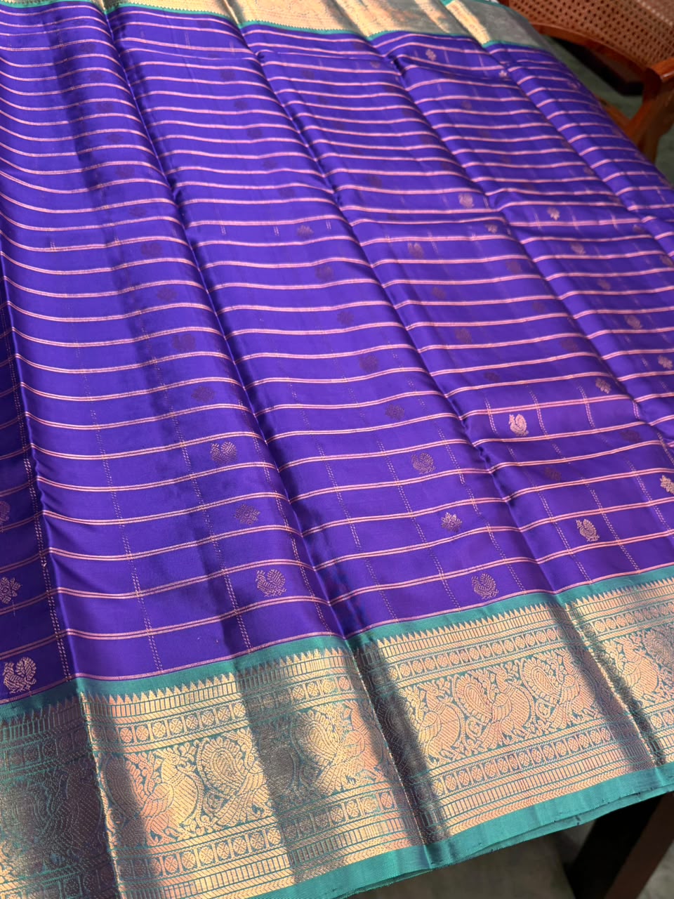 Bluish violet and Aqua green Pure Vintage Kanchipuram Silk saree - PPURE109