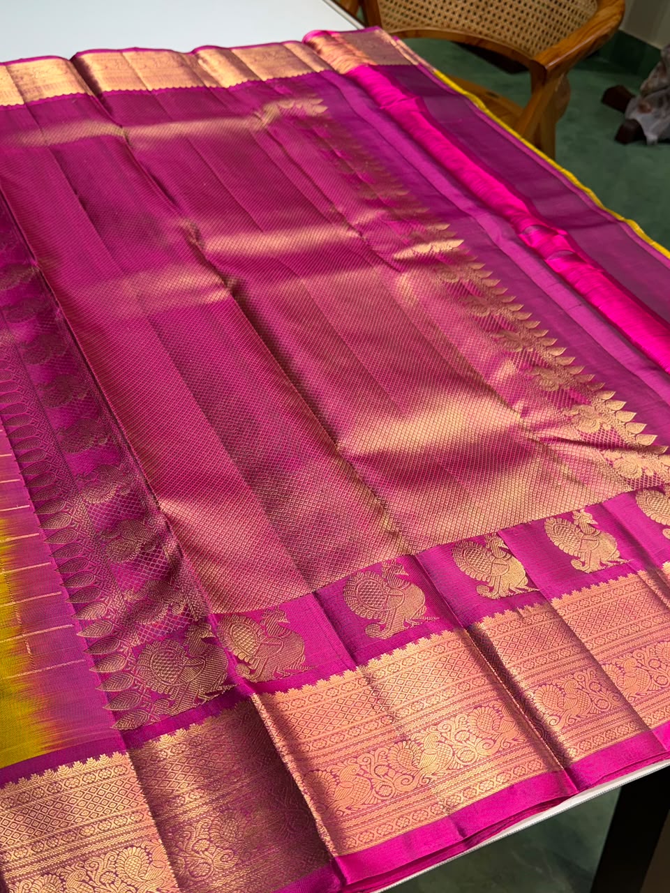 Olive green and magenta Pure Vintage Kanchipuram Silk saree - PPURE110