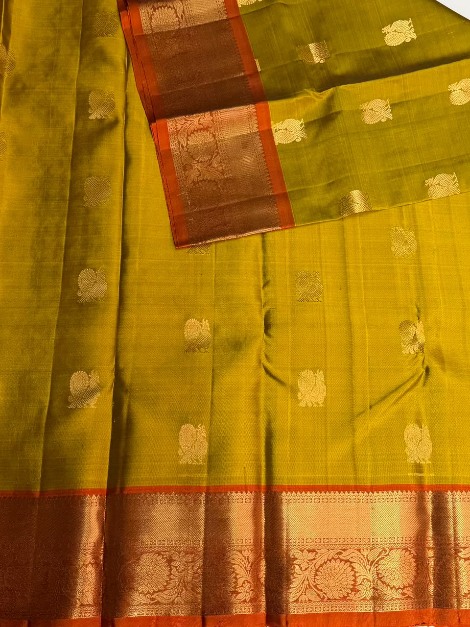 Olive green and rust orange Pure Vintage Kanchipuram Silk saree - PPURE115