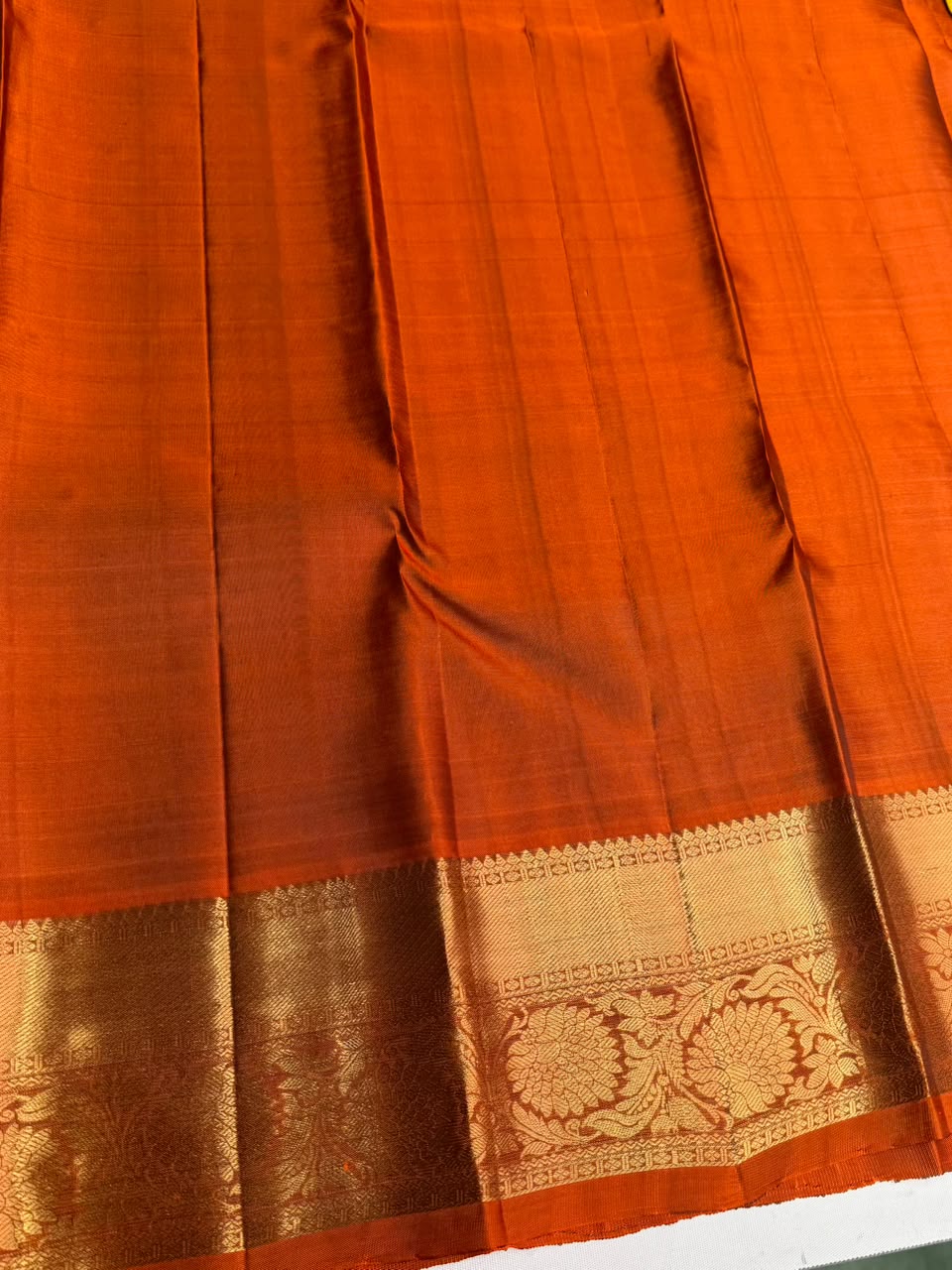 Olive green and rust orange Pure Vintage Kanchipuram Silk saree - PPURE115