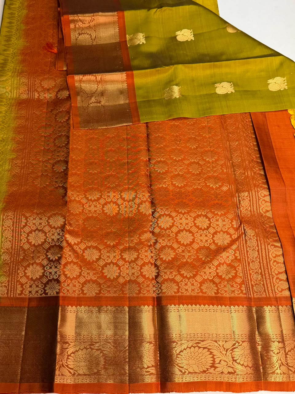 Olive green and rust orange Pure Vintage Kanchipuram Silk saree - PPURE115