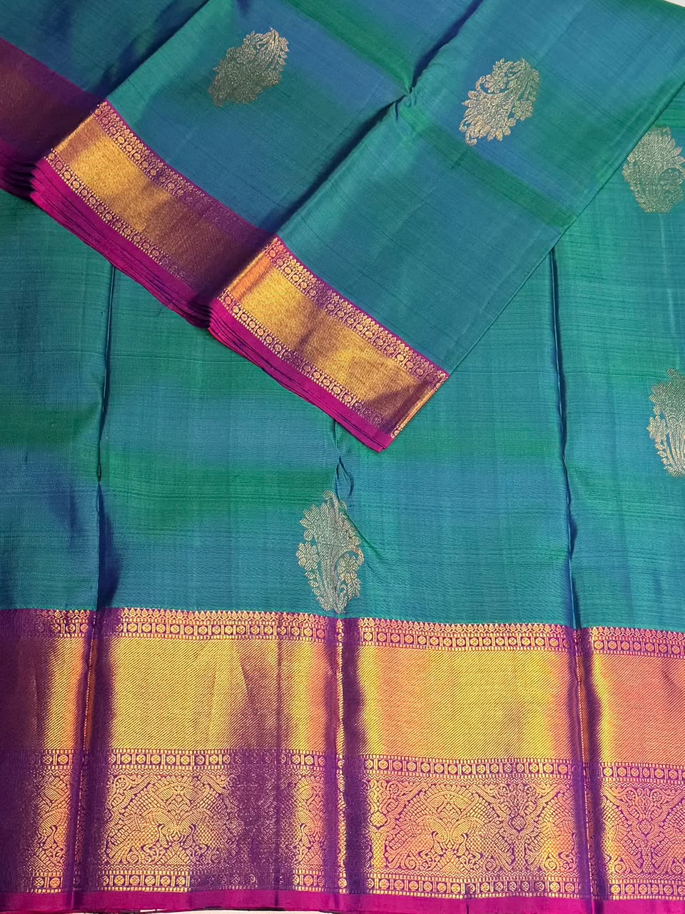 Peacock blue and Purple Pure Vintage Kanchipuram Silk saree - PPURE126
