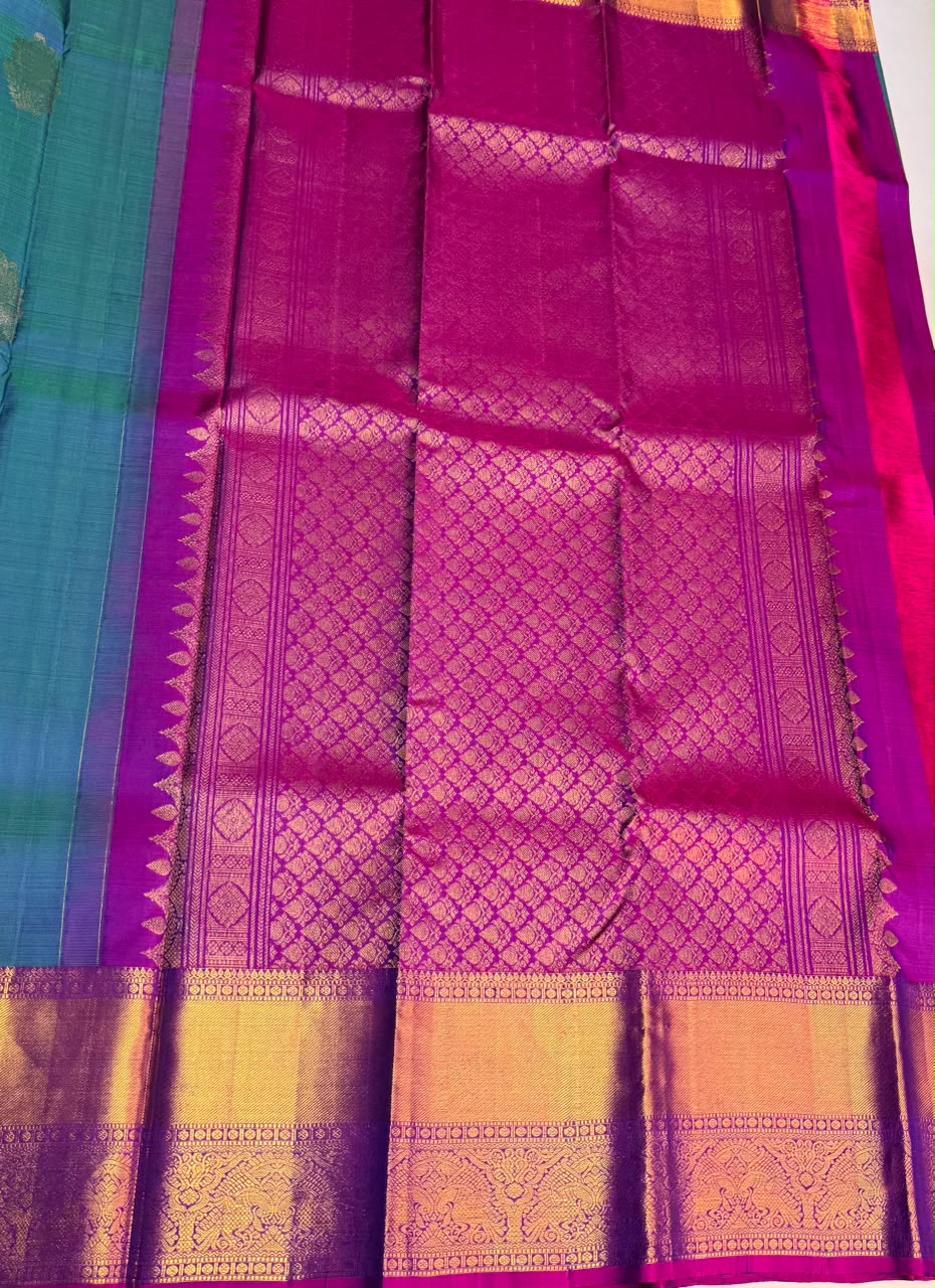 Peacock blue and Purple Pure Vintage Kanchipuram Silk saree - PPURE126