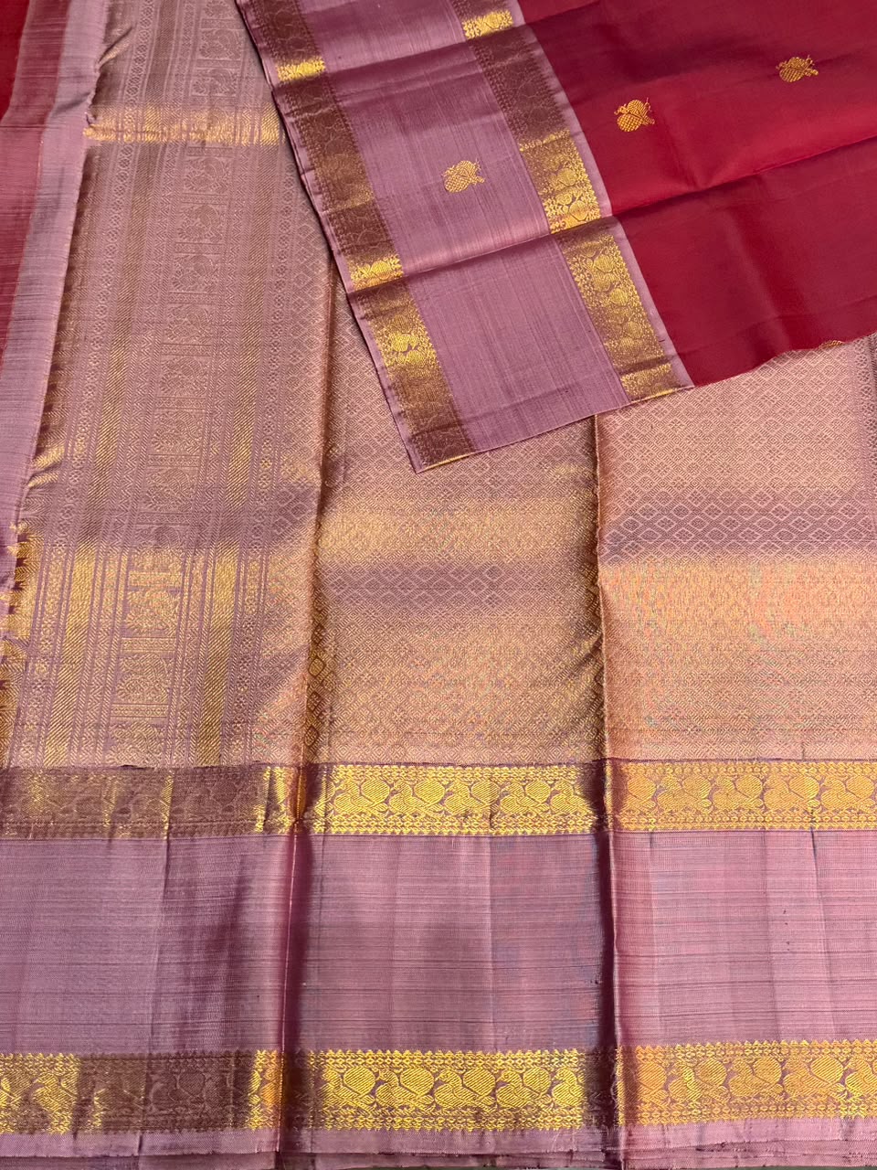 Maroon and onion pink Pure Vintage Kanchipuram Silk saree - PPURE127