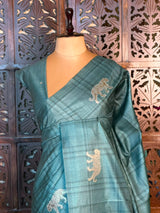 Steel Blue Tiger woven Tusser Silk saree- PBR62B