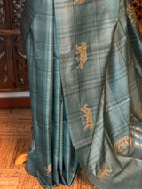 Steel Blue Tiger woven Tusser Silk saree- PBR62B
