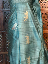 Steel Blue Tiger woven Tusser Silk saree- PBR62B